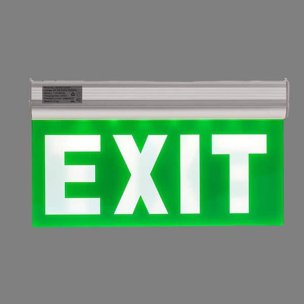 3-Watt Green LED Edge Lit Exit Sign Brushed Aluminum Housing, Single Sided Emergency Exit Light for Commercial Buildings