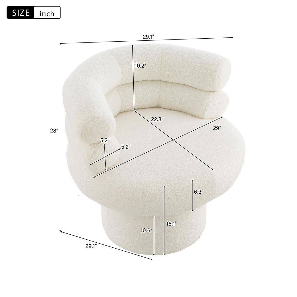 Dimension diagram of the white teddy bouclé swivel arm chair.