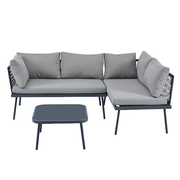 Sudzendf 3-Piece Patio Black Metal Outdoor Sectional Set, Sofa Set with Gray Cushions and Glass Table