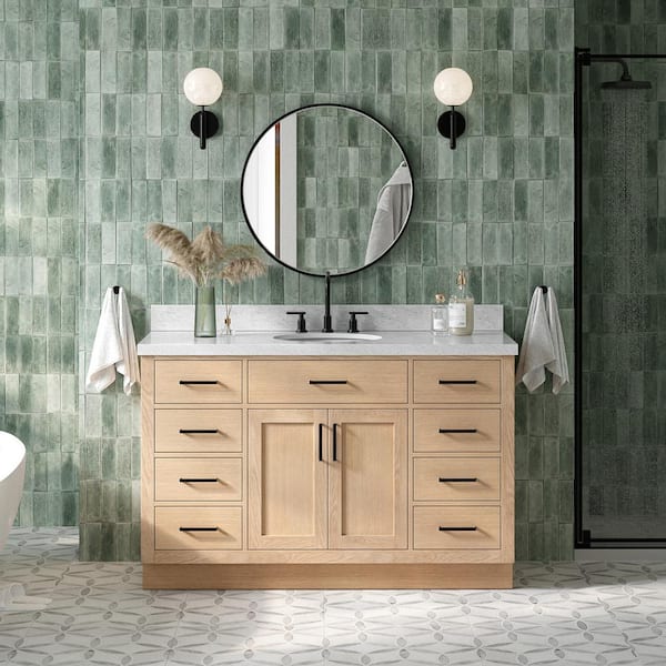ARIEL Hepburn 55 in. W x 22 in. D x 36 in. H Single Sink Bath Vanity in Oak with Italian Carrara Marble Top
