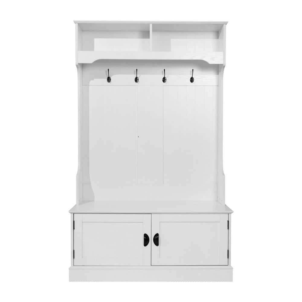 White Wooden Hall Tree with Storage Bench and Coat Rack