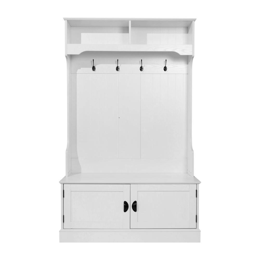 White Engineered Wood Hall Tree with Storage Bench and Hooks
