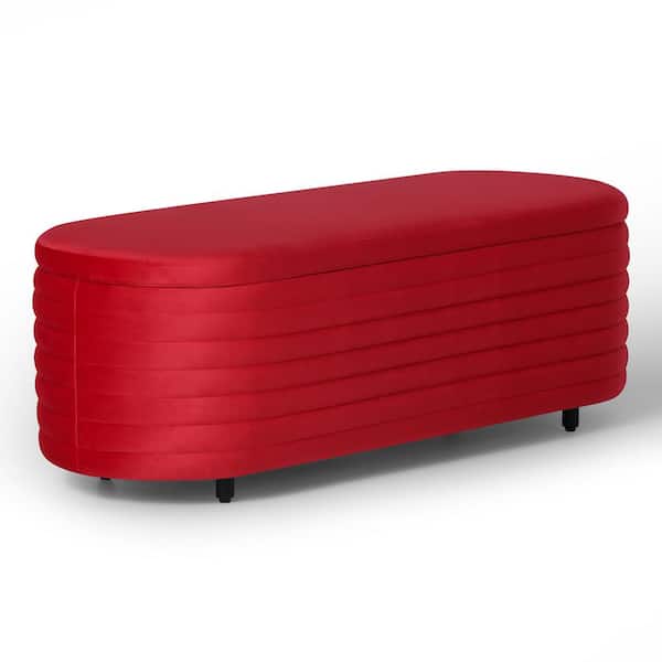 Farrah 54 in. Wide Oval Velvet Upholstered Entryway Flip Top Storage Bedroom Accent Bench in Red