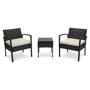 3-Piece Wicker Rattan Patio Conversation Set Table and Chairs Set with Beige Cushions
