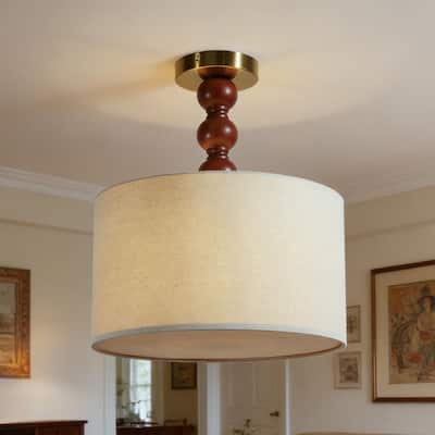 14 in. Drum Vintage Brass and Rubberwood Semi-Flush Mount for Foyer, Bedroom, Living Room, Dining Room, Kitchen