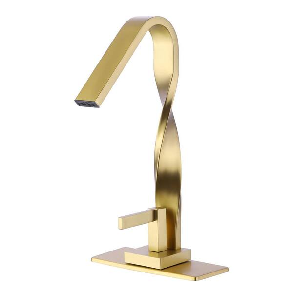FLG Single-Handle Single-Hole Bathroom Faucet Waterfall Brass Modern Sink Basin Taps with Deckplate Included in Brushed Gold