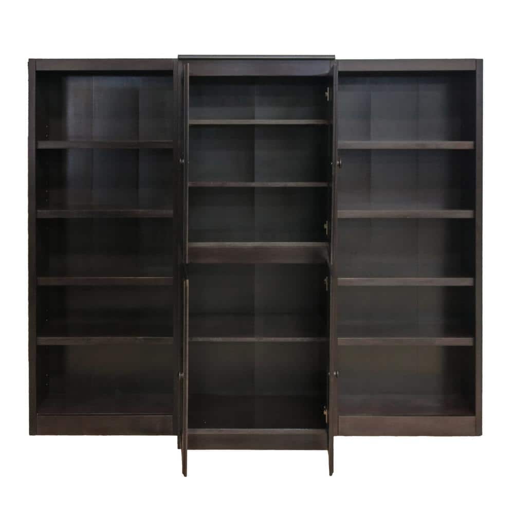Espresso Finish Adjustable Wood Bookcase Wall with Doors, 72" Tall