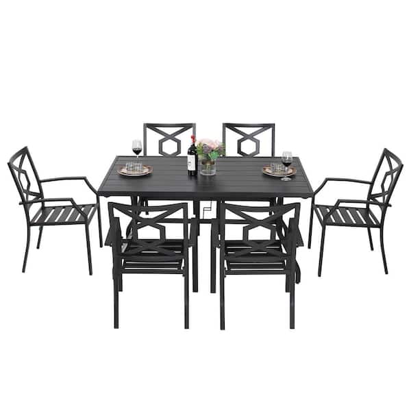 7-Piece Patio Dining Set Outdoor Furniture Set with Rectangle Table with Umbrella Hole and Stackable Armchair in Black