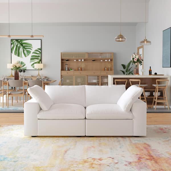 80 in. W Square Arm Linen Rectangle 2-Seat Sofa in White