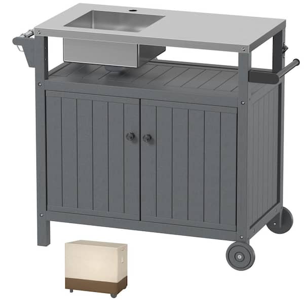 Unbranded 42 in. Outdoor HDPE Kitchen Island with Stainless Steel Sink, Metal Grill Cart Table with Storage Cabinet, Towel Rack