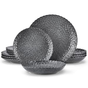 CHRYS 12-Piece Grey Stoneware Dinnerware Set Plates Bowls Set Service for 4