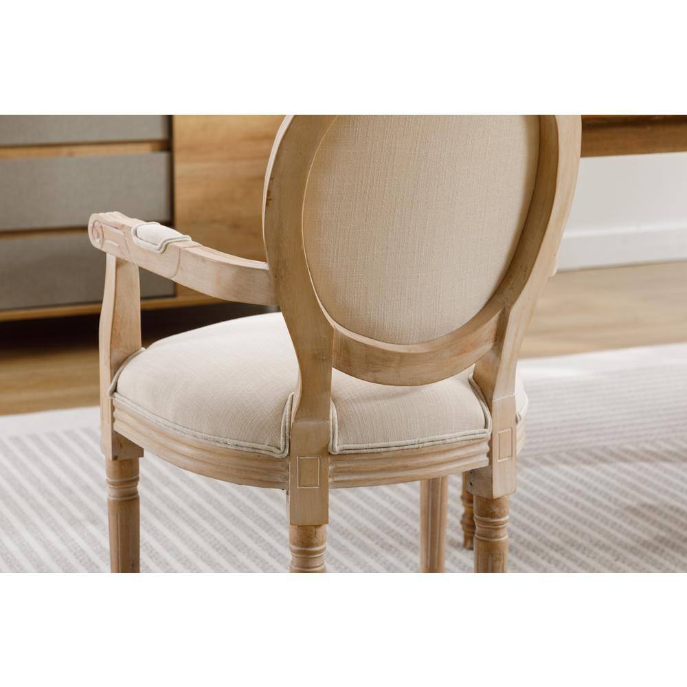 French Style Beige Linen Upholstered Wood Arm Chairs, Set of 2