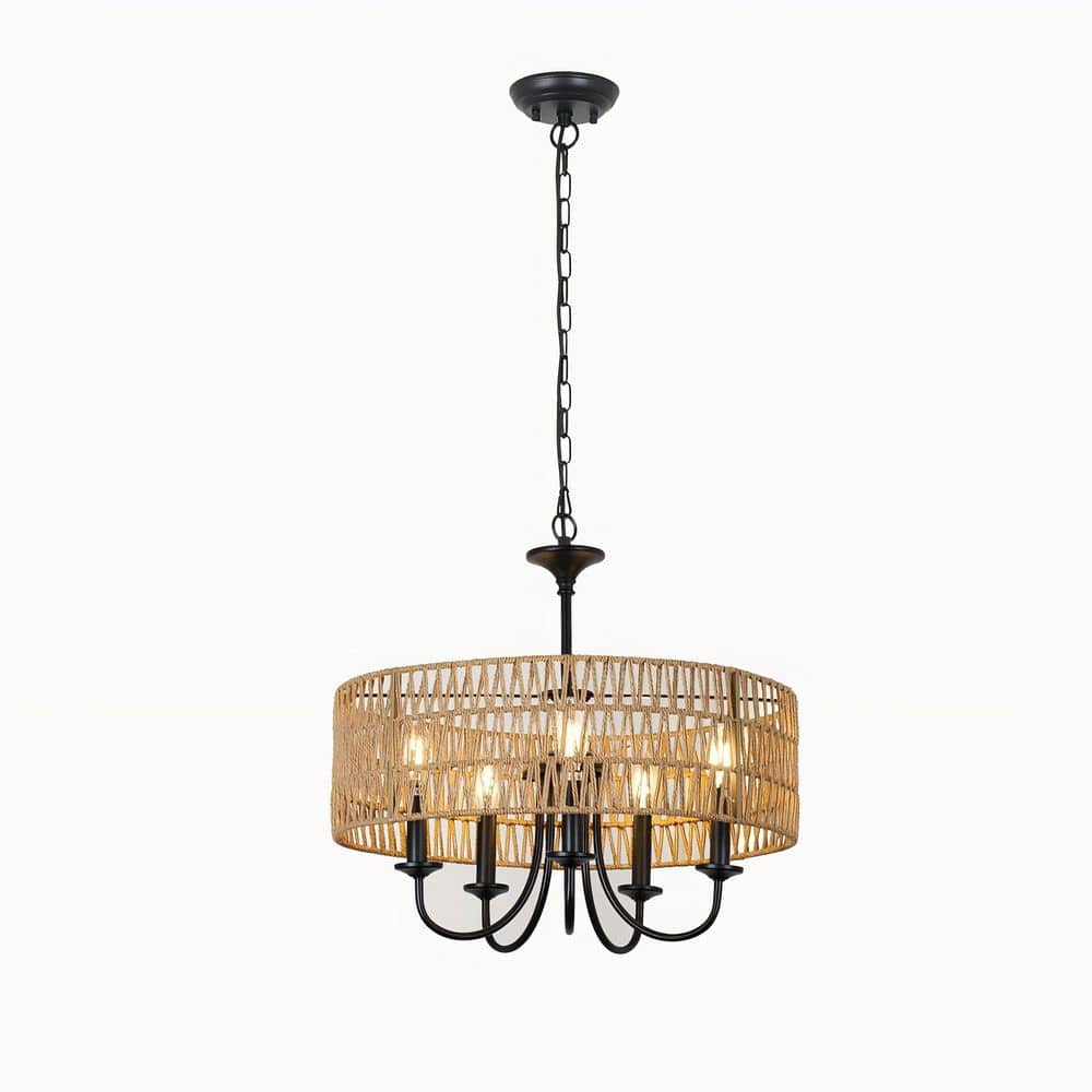 5-Light Large Rattan Pendant Dimmable Integrated LED Farmhouse Chandelier L