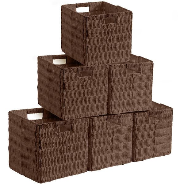 Ornavo Home Brown, 10.5 in. x 10.5 in. Paper Wicker Storage Decorative Baskets with Handles, Set of 6