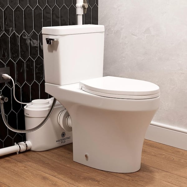 750W Upflush Toilet For Basement, Elongated Bowl, 1. 28GPF Single Flush, 18 in. Seat Height, 2-Piece, Extension Pipes