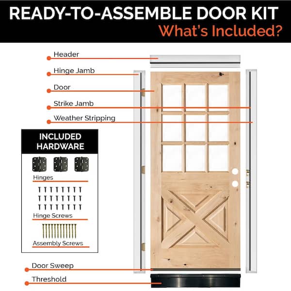 32in. x 80in. X-Panel Right-Hand 1/2 Lite Clear Glass Red Mahogany Stain Stain Wood Front Door Kit w/Quick Assemble Jamb