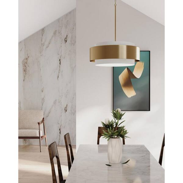 Silva Collection 3-Light Brushed Bronze White Linen Shade Pendant
