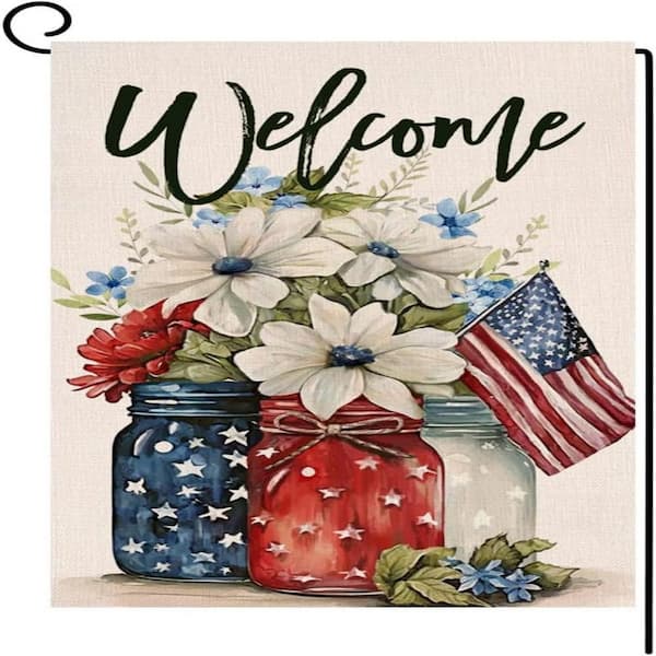 Cubilan Floral Garden Flag 12 x 18 Double Sided Red and Blue Independence Day Festival Outdoor Decoration Burlap Yard Flag