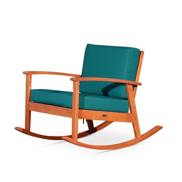 COOLSHARK Wood Outdoor Rocking Chair with Backrest Inclination, High Backrest, Deep Contoured Seat, Dark Green Cushions for Porch