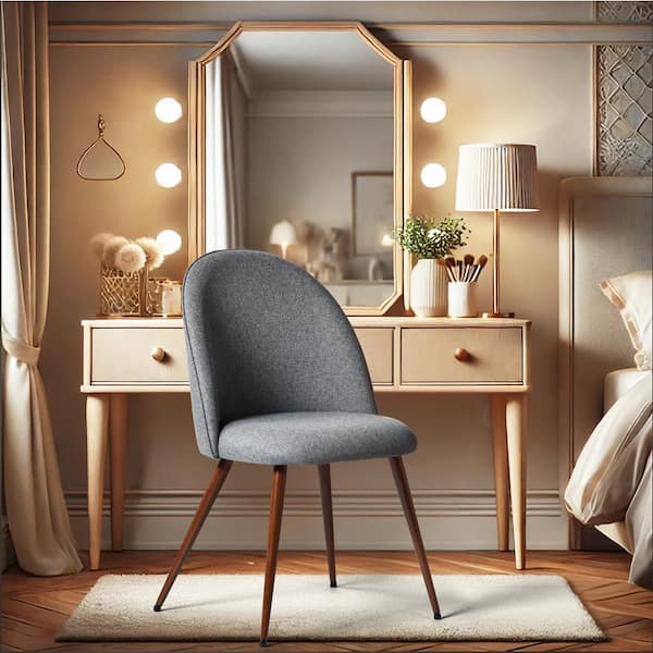 Hapya Grey Fabric Upholstered Makeup Vanity Stools with Thick Cushioned Seats, Ergonomic Back, Walnut Legs (Set of 2)