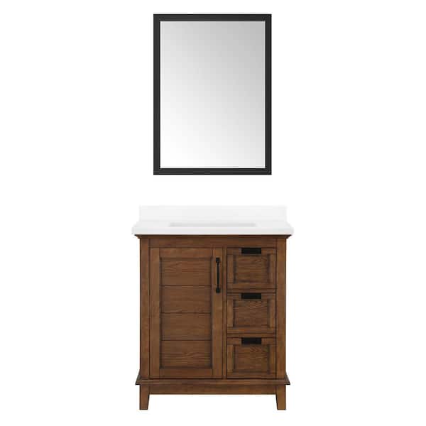 OVE Decors Pembroke 30 in. W x 22 in. D x 35 in. H Single Sink in Antique Coffee & Oak Veneer with White Top and Mirror in BLK
