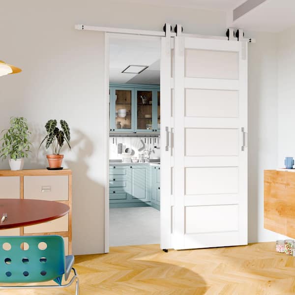 64 in. x 80 in. 5 Panel Core White Primed Pine Wood Bypass Barn Door Slab with Nickel-plated Hardware Kit Set