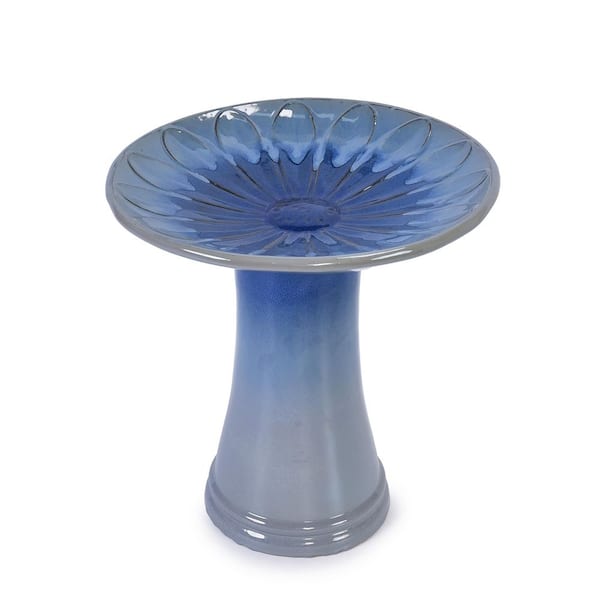 18.11 in. Ceramic Patio Bird Bath Stand with Blue Gray Finish