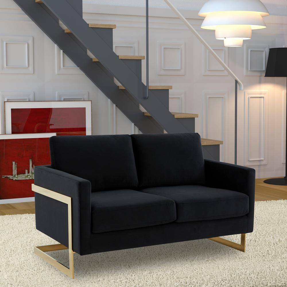 Midnight Black Velvet Loveseat with Gold Metal Frame