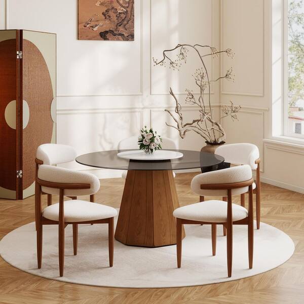 Round 53 in. Walnut Tempered Glass Tabletop with Rotable Lazy Susan and Pedestal Base Dining Table (Seats 6)