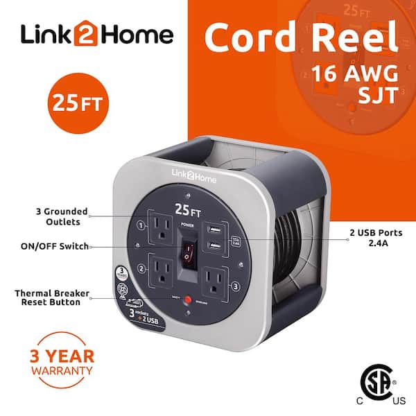 Link2Home 25 ft. 16/3 Extension Cord Storage Reel with 3 Grounded Outlets 2  USB 3.4 Amp and Overload Reset Button EM-EL-275G - The Home Depot