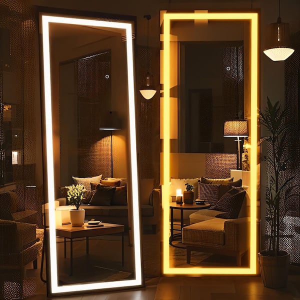 16 in. W x 60 in. H Full Length Rectangular Framed Wall Bathroom Vanity Mirror with Lights in Black