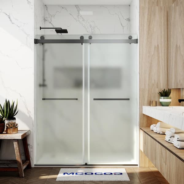 MCOCOD 56-61 in. W x 76 in. H Double Sliding Frameless Smooth Sliding Shower Door in Matte Black with 3/8 in. Frosted Glass