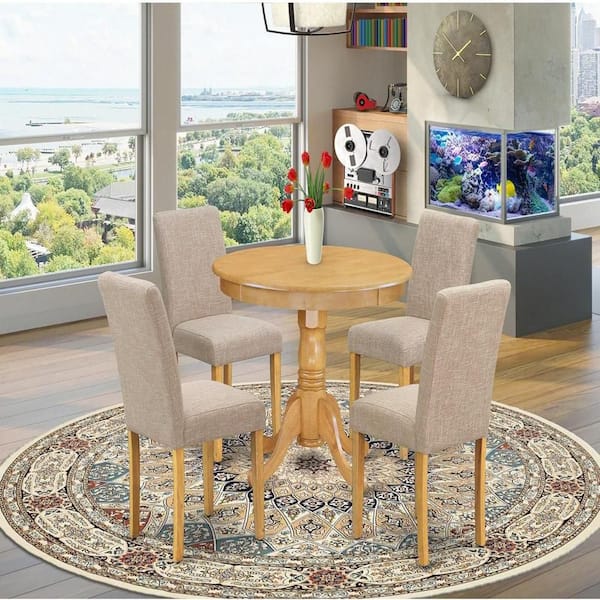 East West Furniture 5-Piece Round Natural Oak Finish Solid Wood Top Dining Table with 4 Parson Chair with Lattice Back
