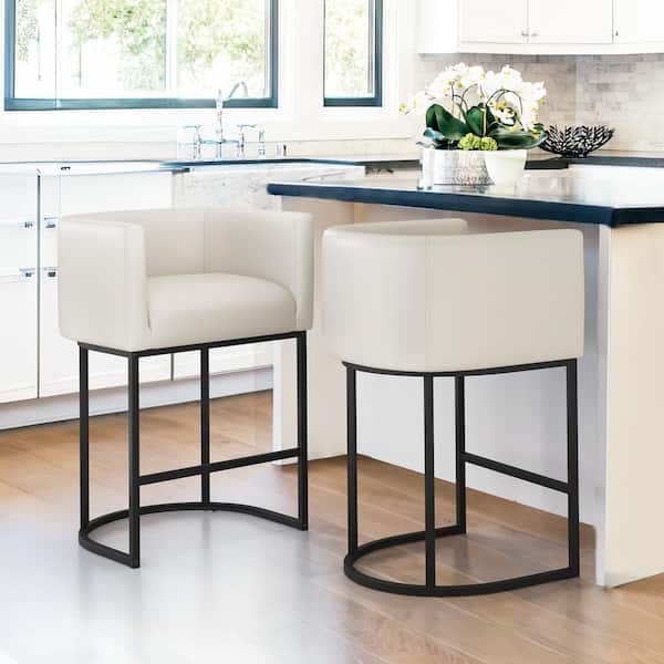 LUE BONA 26 in. Antique-White Low Back Bar Stool with Black Metal Frame Counter Height Faux Leather Counter Stool (Set of 2)
