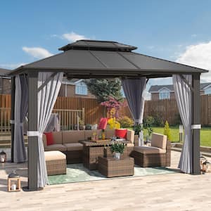 12 ft. x 10 ft. Outdoor Black Aluminum Hardtop Gazebo with Double Roof, Privacy Curtain and Mosquito Net