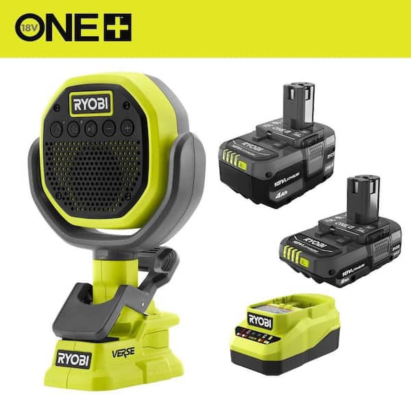 ONE+ 18V Lithium-Ion 4.0 Ah Battery, 2.0 Ah Battery, and Charger Kit with ONE+ Cordless VERSE Clamp Speaker