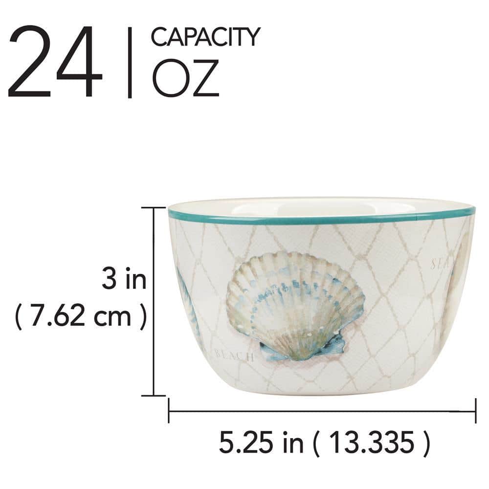 Ocean View Teal and Cream Ceramic Dessert Bowls, Set of 4