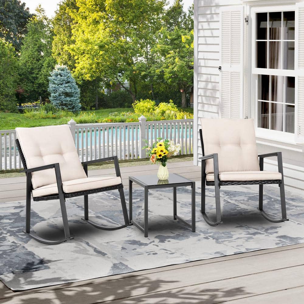 3-Piece Metal Outdoor Bistro Set with Beige Cushions and Glass Coffee Table