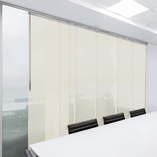 EMOH Ivory Mesh 110 in.- 153 in. W x 116 in. L Adjustable 7-Panel Satin Nickel Single Rail Panel Track with 23.5 in. Slates