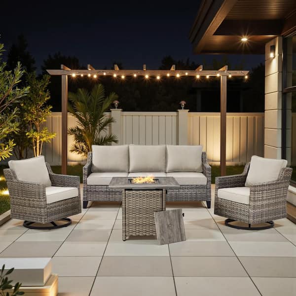 GlideRail Gray Swivel Glider Wicker Fire Pit Conversation Set with Beige Olefin 4 in. Thick Cushions/Sofa (4-Piece)