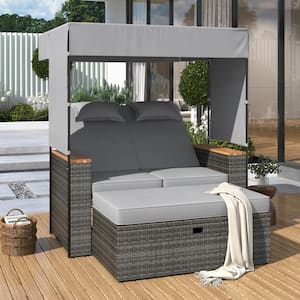 2 Piece Wicker Outdoor Patio Sunbed Day Bed with Lounge Roof, UV Protection, Adjustable Backrest, Grey Cushions