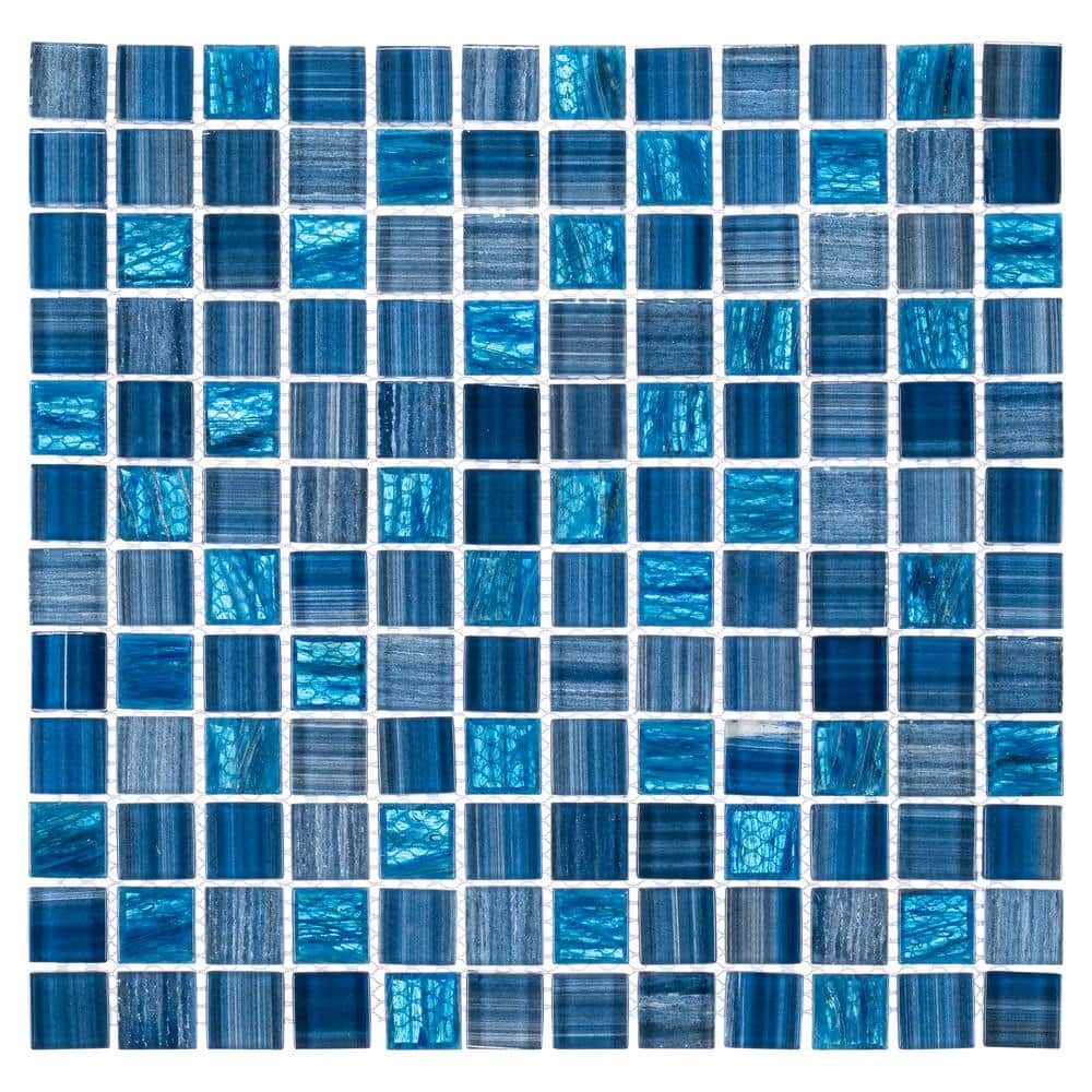 Oceanic Haitian Square 12 in. x 12 in. Glossy Atlas Blue Glass Mosaic Tile 