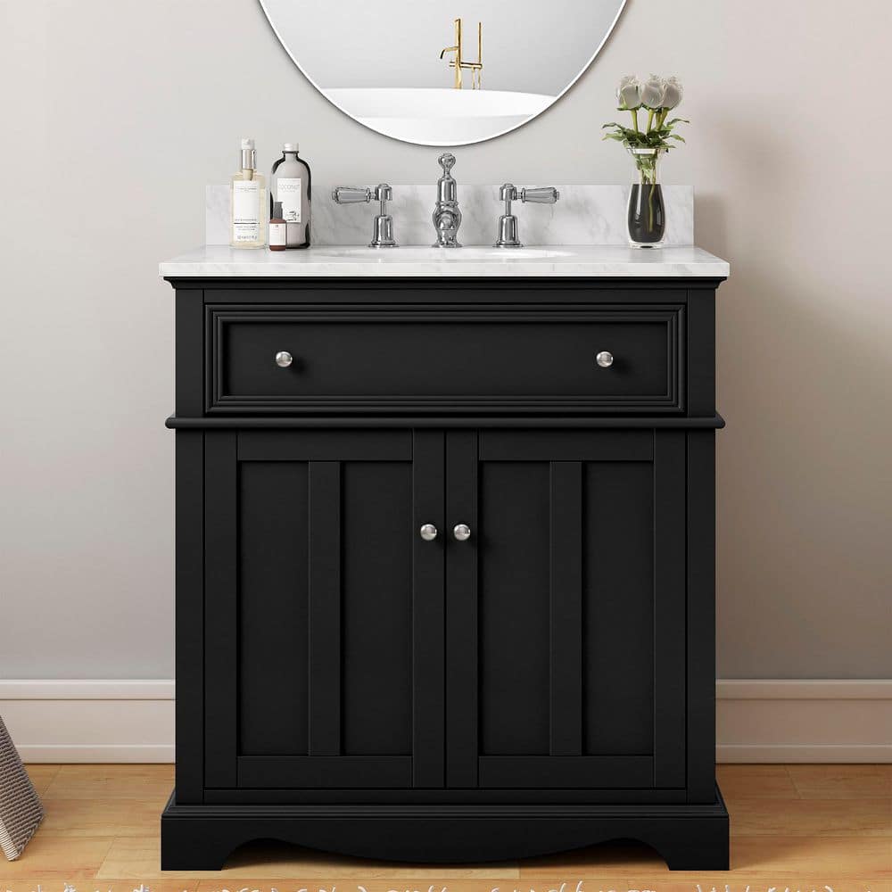 Home Decorators Collection Fremont 32 in. Single Sink Black Bath Vanity  with White Engineered Marble Top (Assembled) TJ-FTV3222BLK - The Home Depot, image size:1000x1000