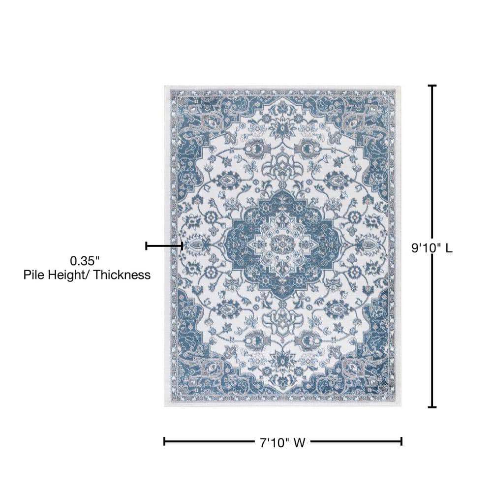 Ivory and Blue Medallion Synthetic 8' x 10' Area Rug