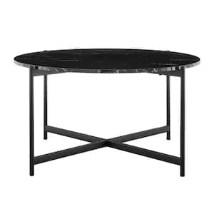 35.2 in. Round Contemporary Marble Finish Veneer Top Black Metal Large Coffee Table - Black Marble