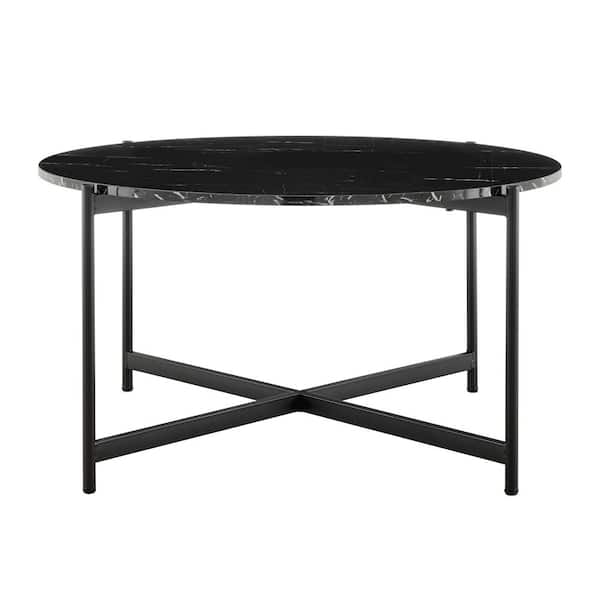 DANYA B 35.2 in. Round Contemporary Marble Finish Veneer Top Black Metal Large Coffee Table - Black Marble