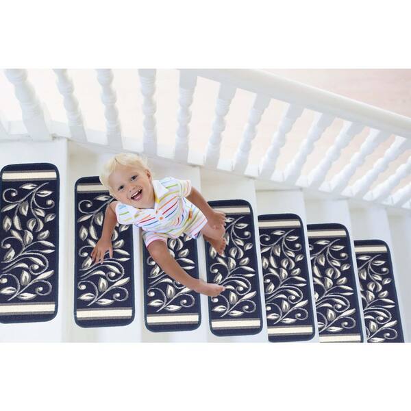 New Navy 8.5 in. x 26 in. Floral Non-Slip Stair Tread Cover (Set of 8)