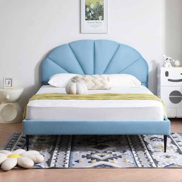 Ahokua Light Blue Frame Full Size of Luxury Velvet Platform Bed with Seashell-Shaped Headboard