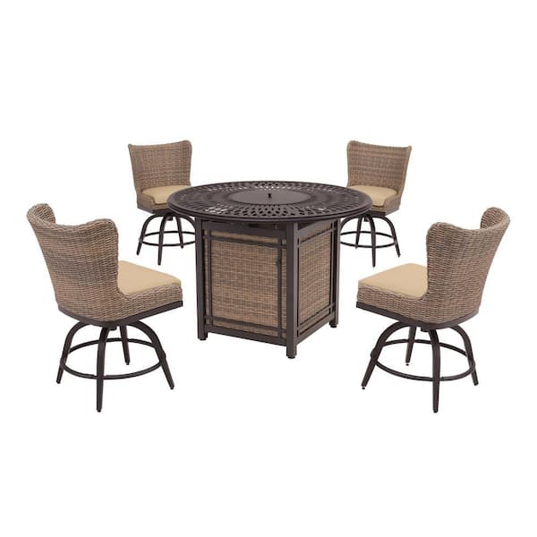 Home Decorators Collection Hazelhurst 5-Piece Brown Wicker Outdoor Patio High Dining Fire Pit Seating Set with Sunbrella Beige Tan Cushions