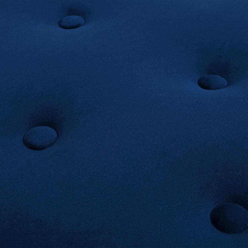 Navy Blue Velvet Tufted Round Ottoman with Fringe